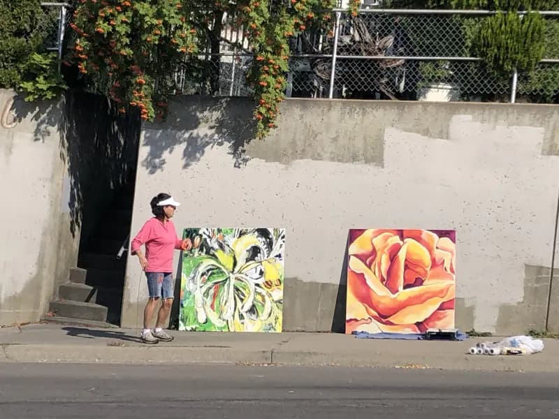 Large flower paintings ready for installation on the wall